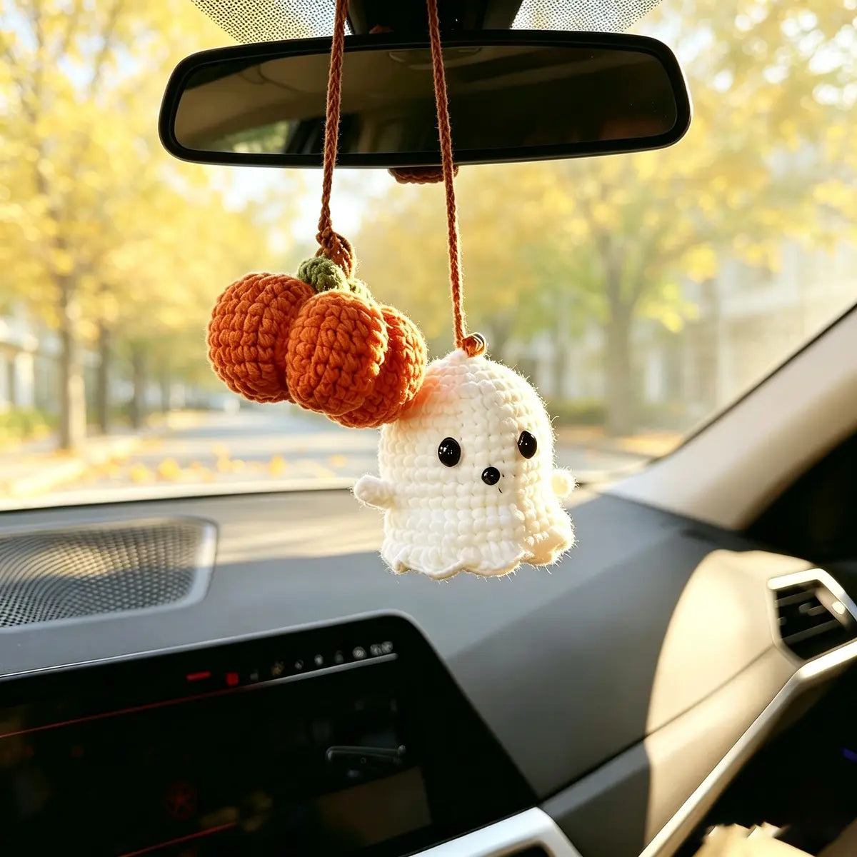Cute Ghost crochet pumpkin rearview mirror car charm - view 1
