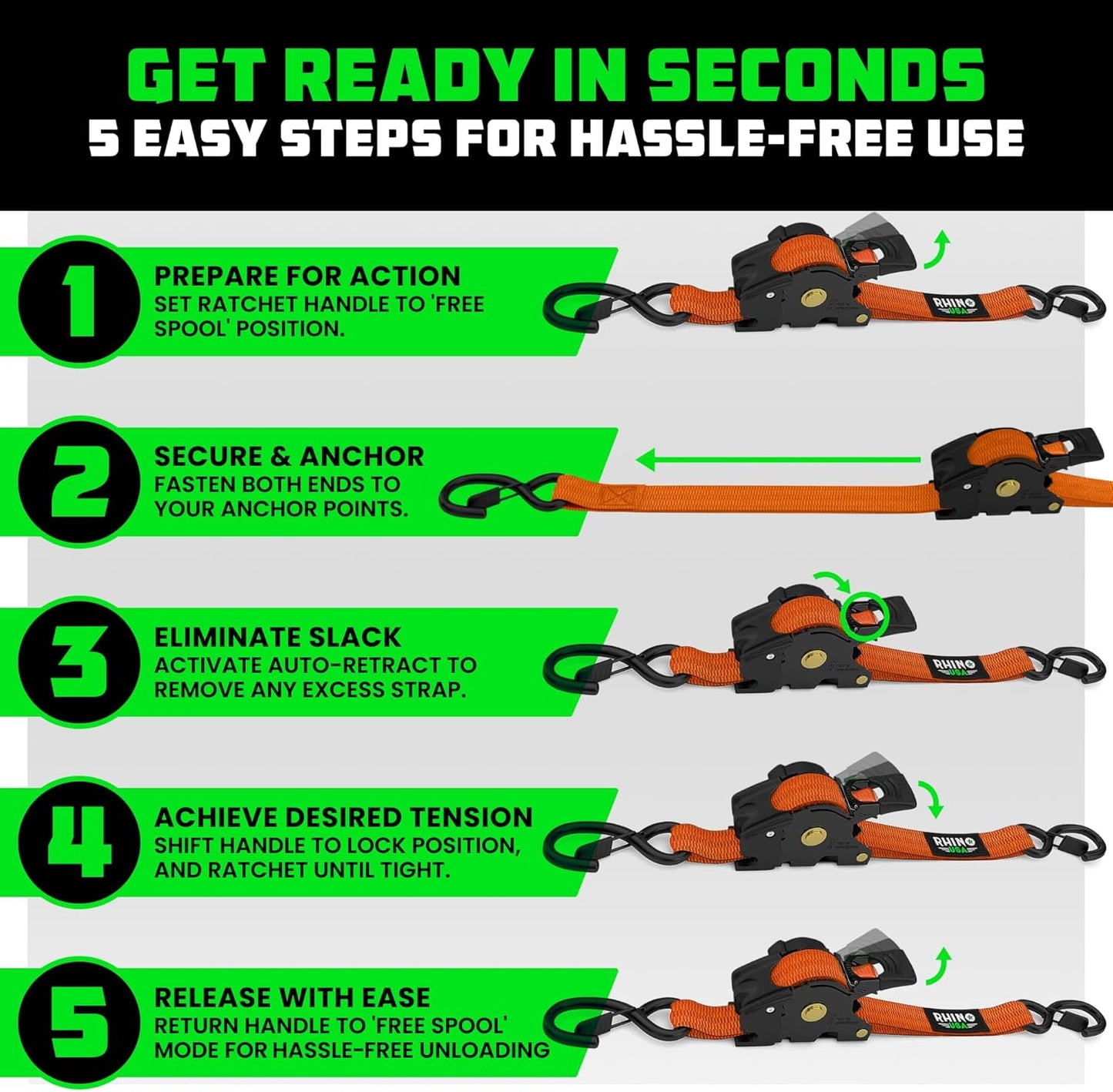 1" x 10' Retractable Ratchet Straps- Medium Duty Self Retracting Tie Down Straps for Truck, Cargo Trailer