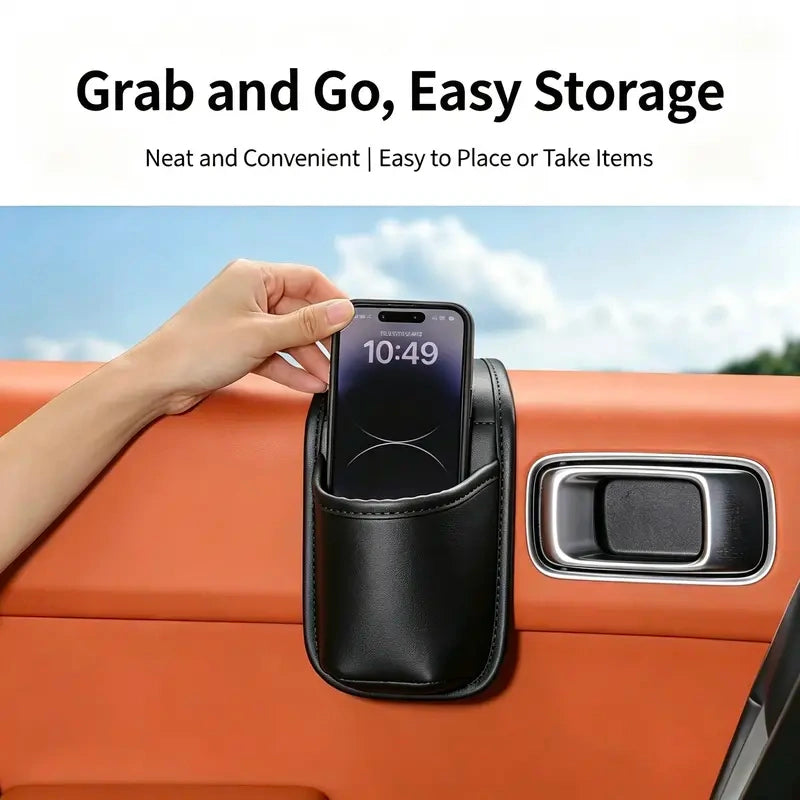 Leather car door storage pocket - double-layer compartments