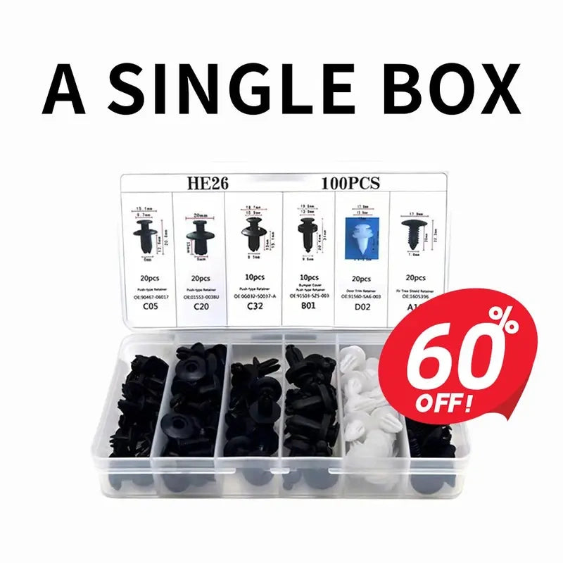 HE26 Universal Automotive Expansion Screw Clip Set with Nails - 100-Piece, 6 Types (C05,C20,C32,B01,D02,A16)