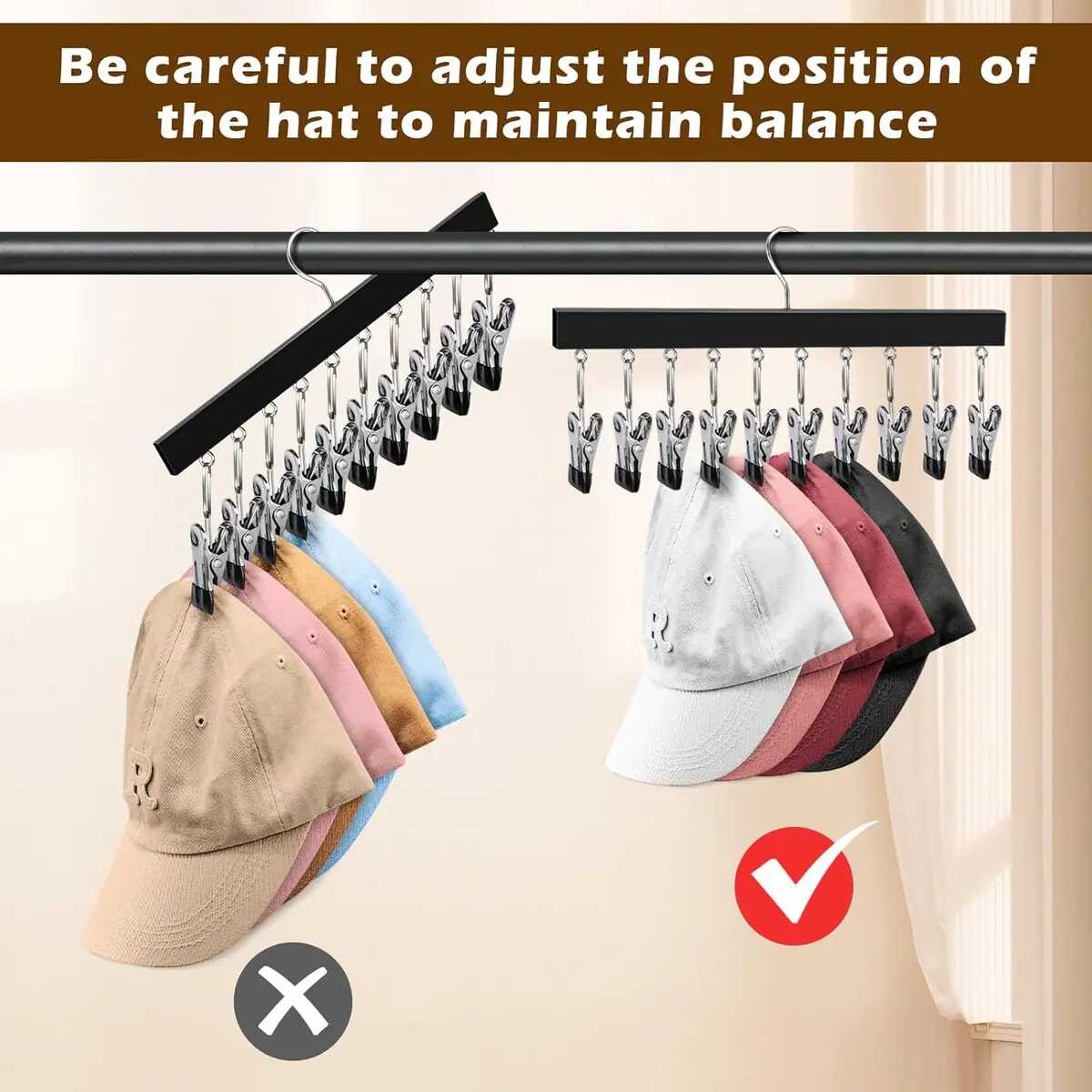 CapMate Wooden Hat Organizer – 12-Clip Multi-Use Closet Hanger