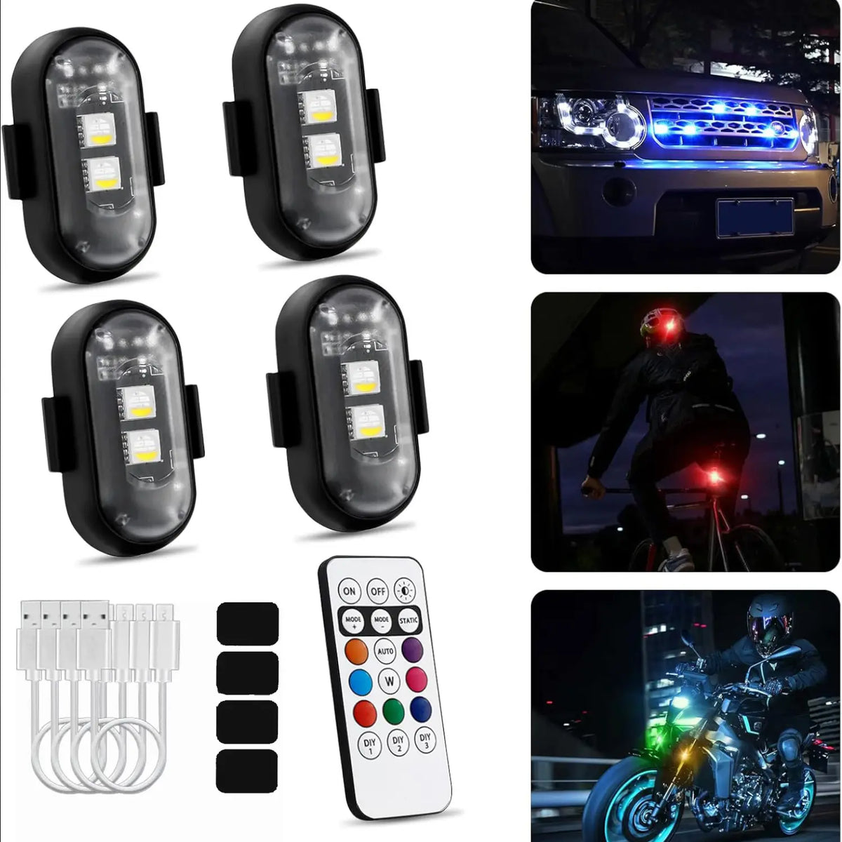 (8 Pcs) RGB Led Aircraft Strobe Light Remote Wireless Motorcycle Flash Light Warning Lights for Bike Car Multifunctional