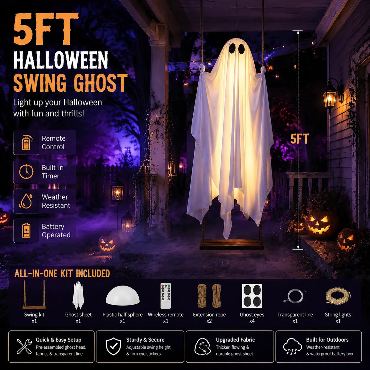 PhantomSwing 5FT Hanging Ghost – Remote-Control LED Halloween Decor