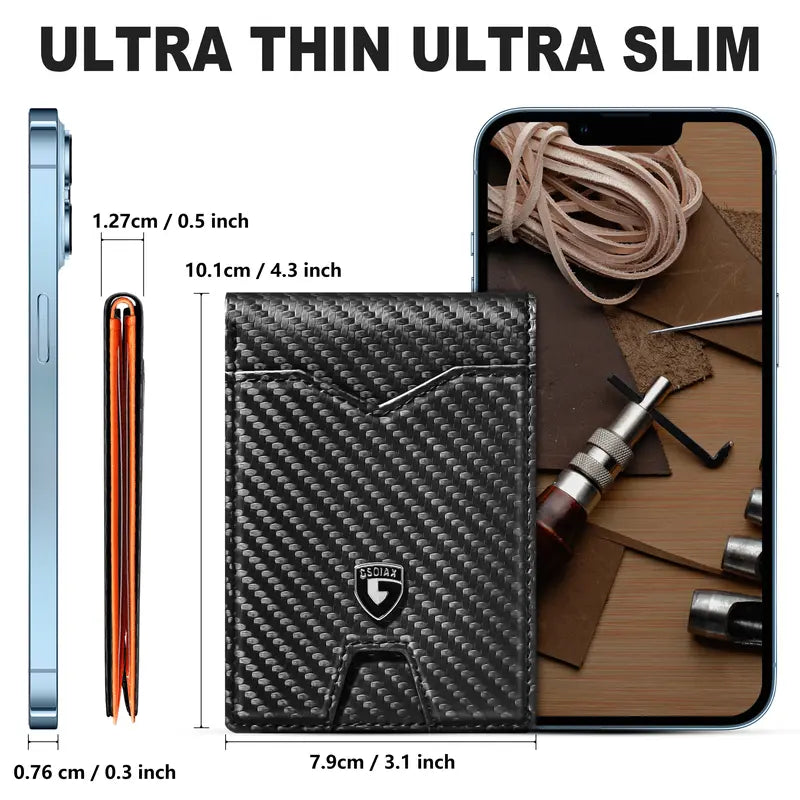 VaultSlim RFID Leather Wallet – Bifold Card Holder with Carbon Fiber Money Clip