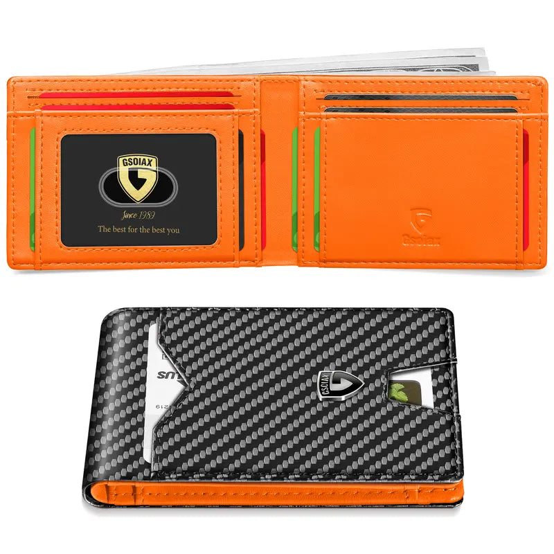 VaultSlim RFID Leather Wallet – Bifold Card Holder with Carbon Fiber Money Clip