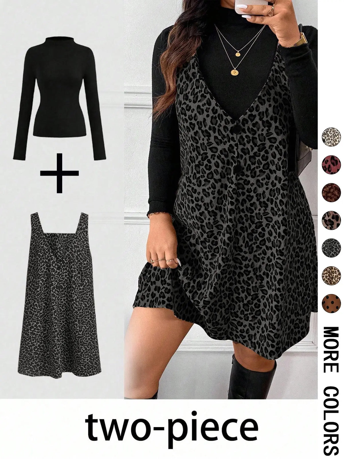 Leopard Mini Dress & Long-Sleeve Top — Two-Piece Outfit - Gray