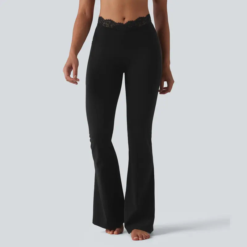 Contrast-Lace Flare Leggings with Pockets - original gallery 3