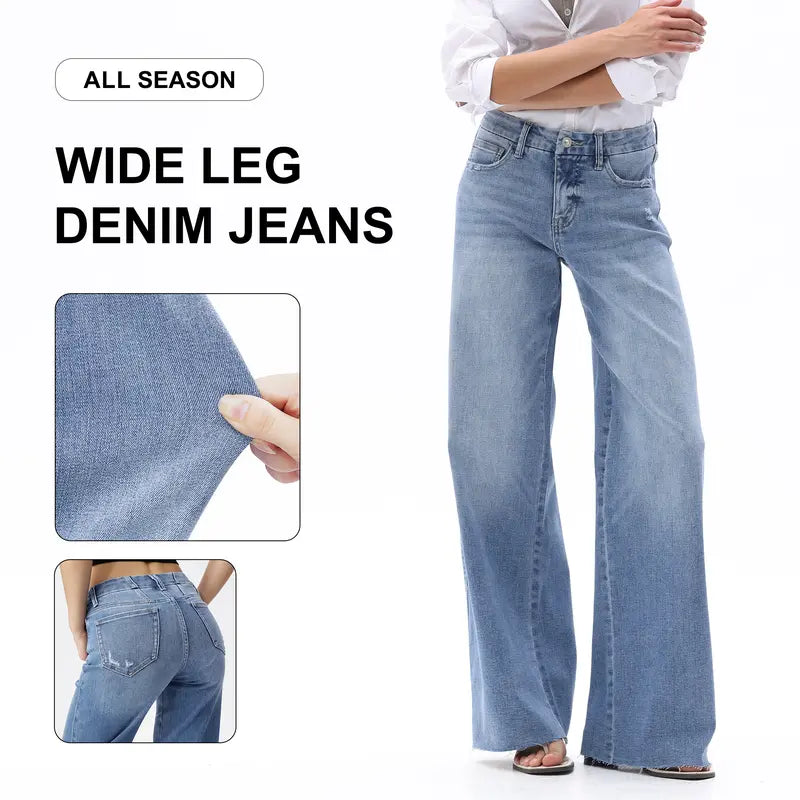 Stretch Wide-Leg Jeans with Raw Hems - Mid Waisted Medium Blue