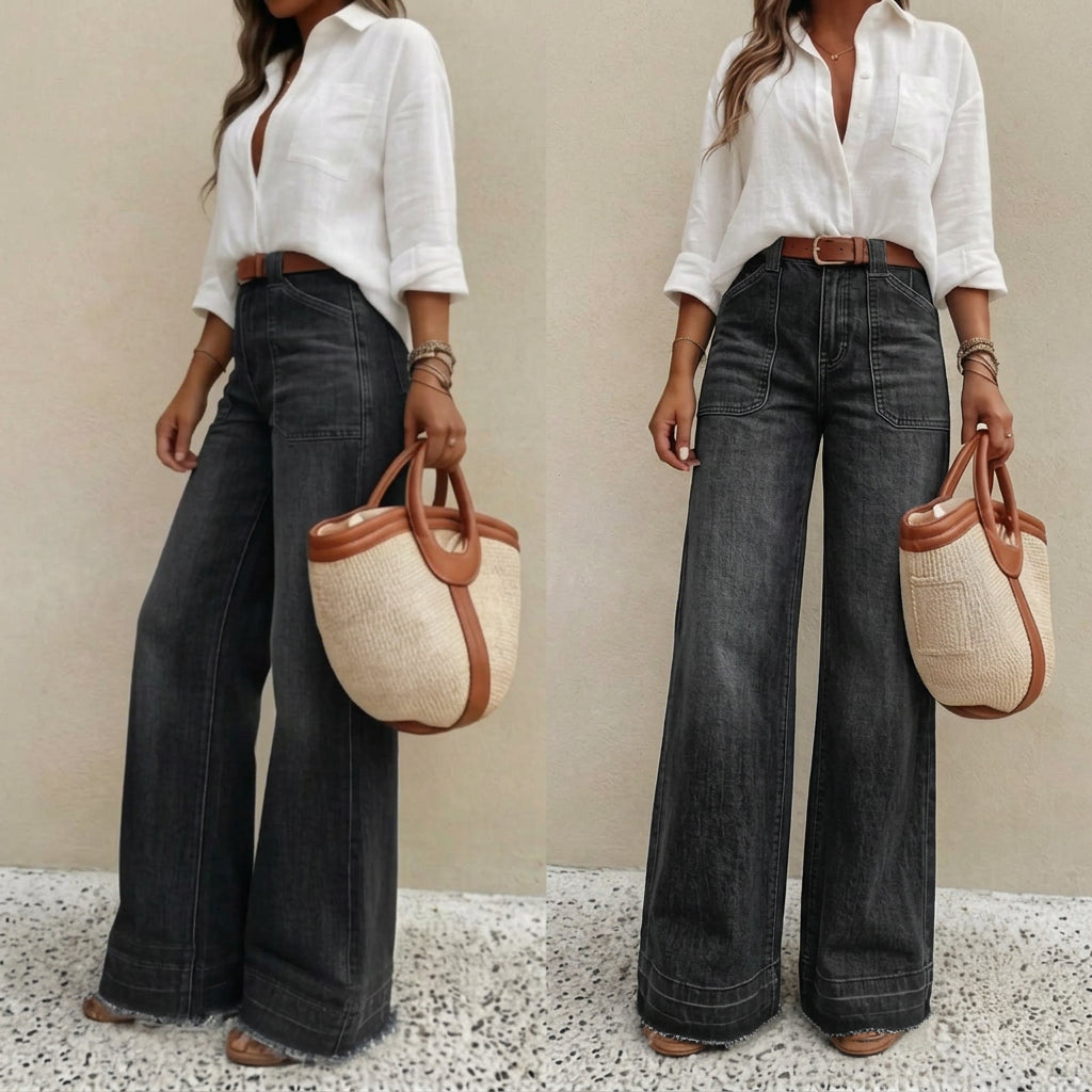 Vintage-Wash Stretch Wide-Leg Jeans - Black