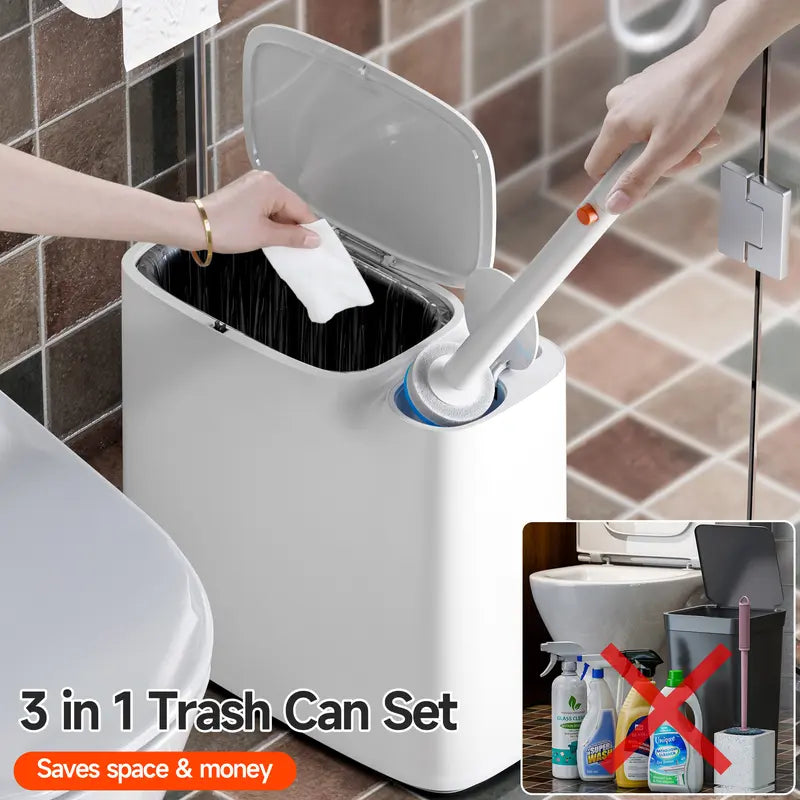 Slim Bathroom Trash Can with Disposable Toilet Brush Kit — detail view 1
