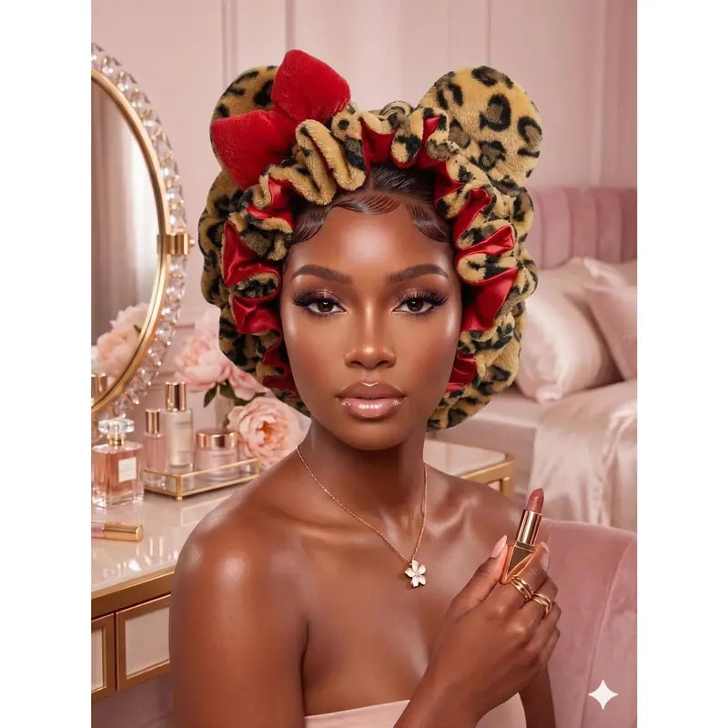 Satin-Lined Plush Leopard Bonnet with Bow - original gallery 1