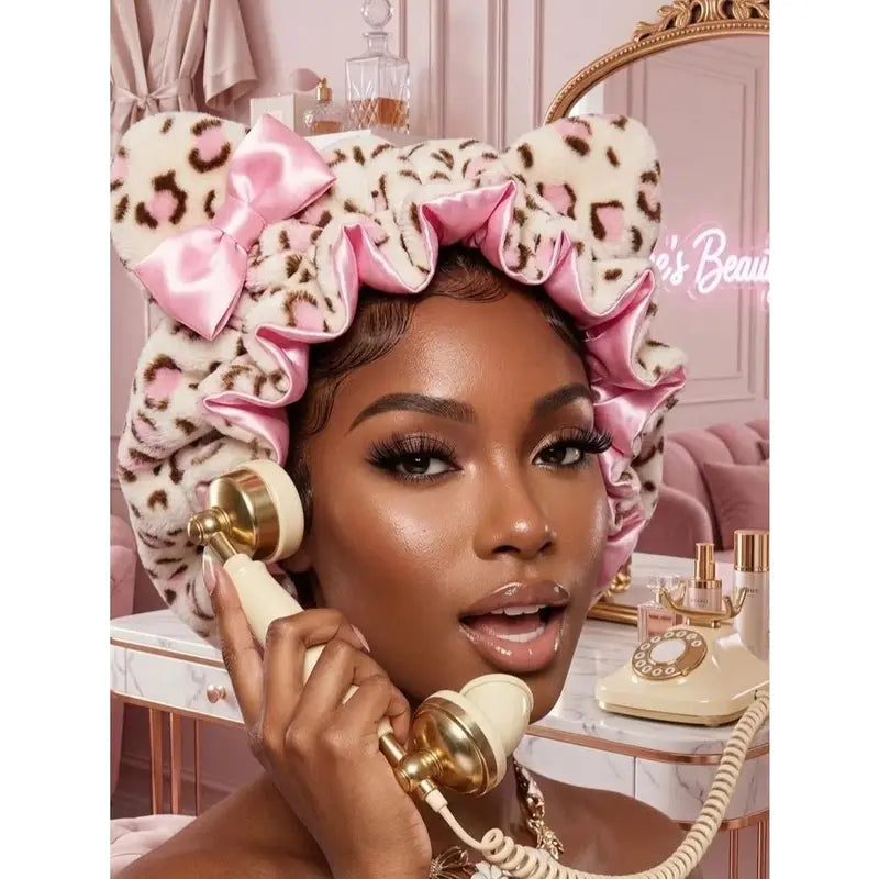 Satin-Lined Plush Leopard Bonnet with Bow - original gallery 2