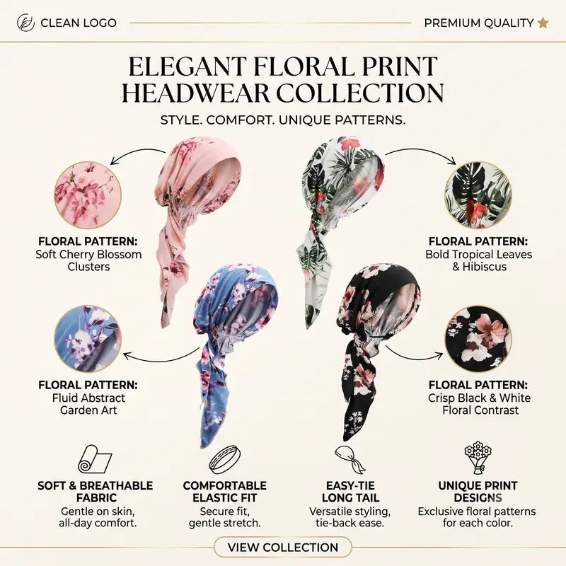 Floral Pre-Tied Turban Headwraps, Four-Piece Set — detail view 1