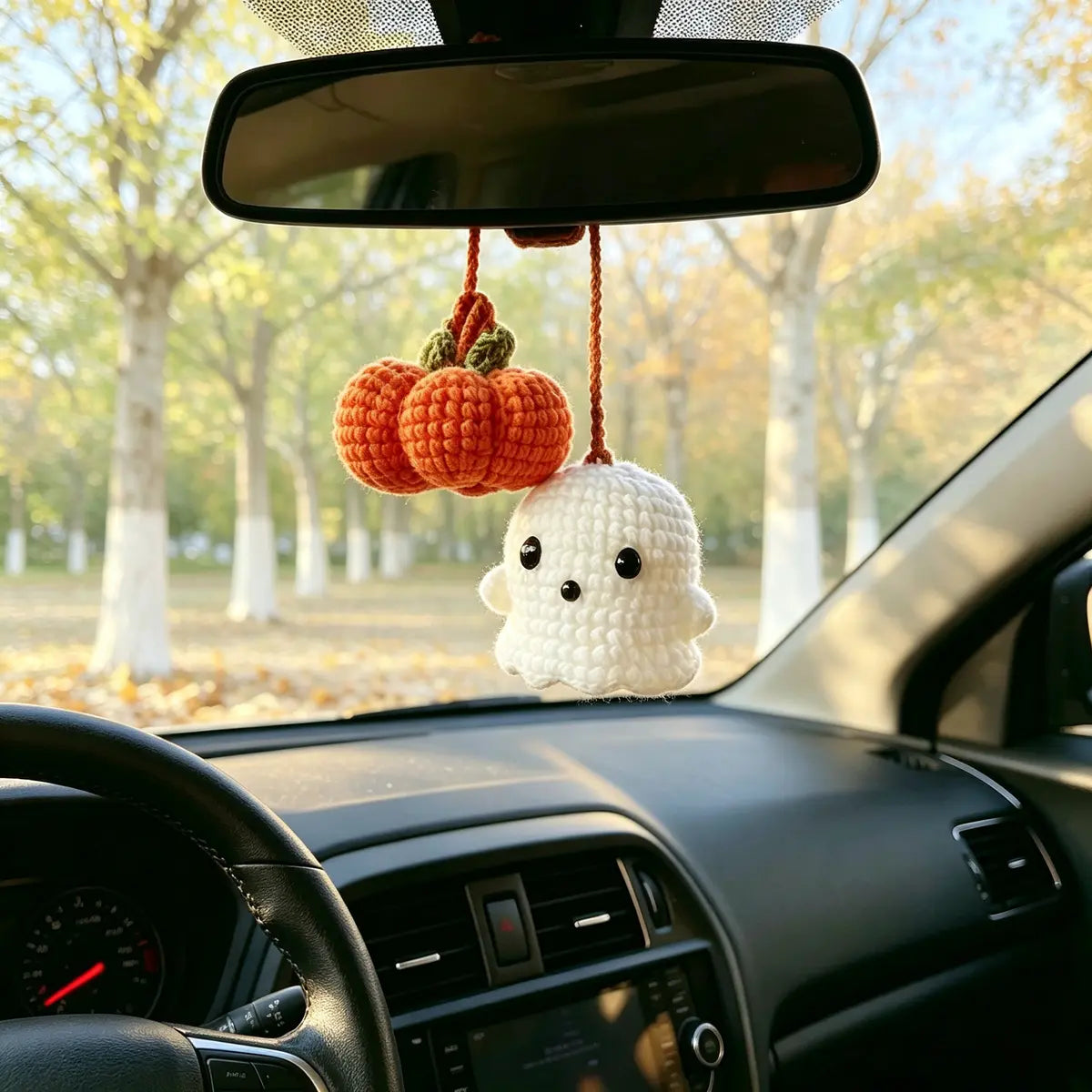 Cute Ghost crochet pumpkin rearview mirror car charm - view 2