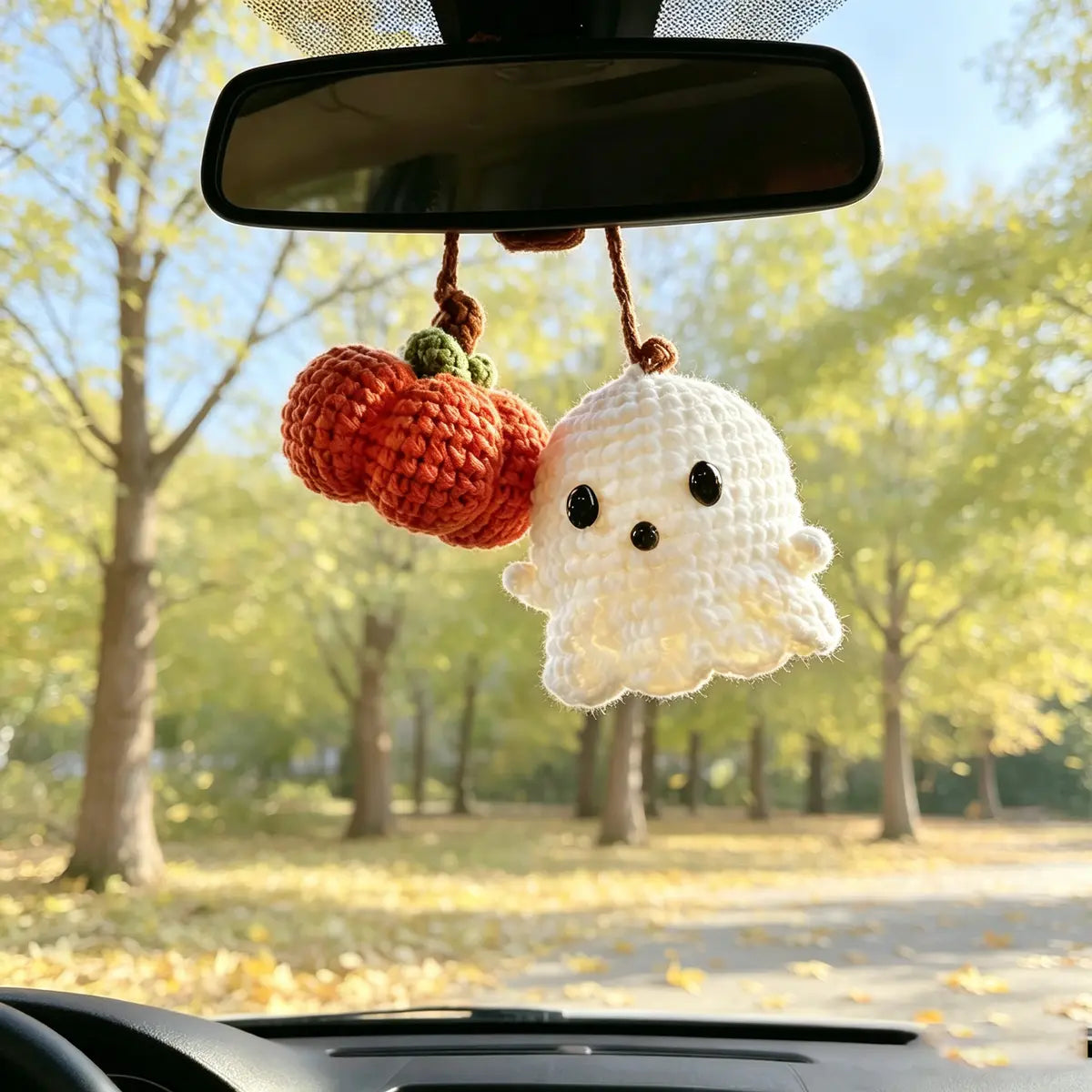 Cute Ghost crochet pumpkin rearview mirror car charm - view 3