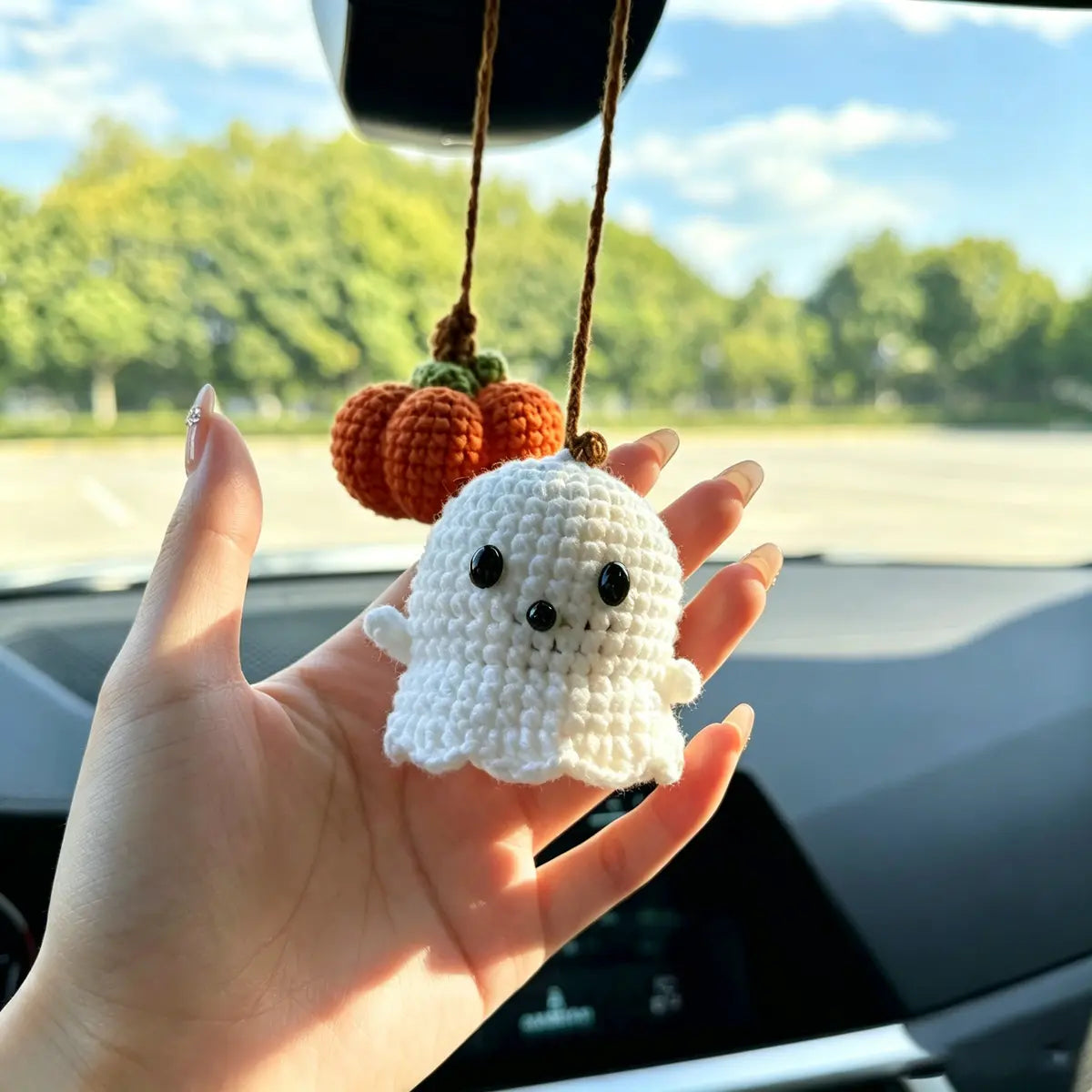 Cute Ghost crochet pumpkin rearview mirror car charm - view 4