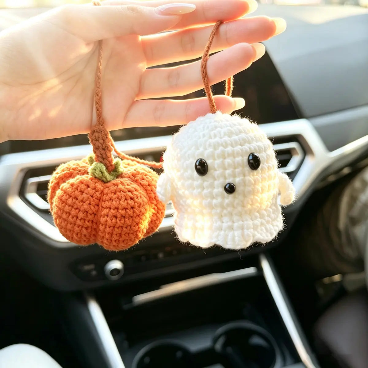 Cute Ghost crochet pumpkin rearview mirror car charm - view 5