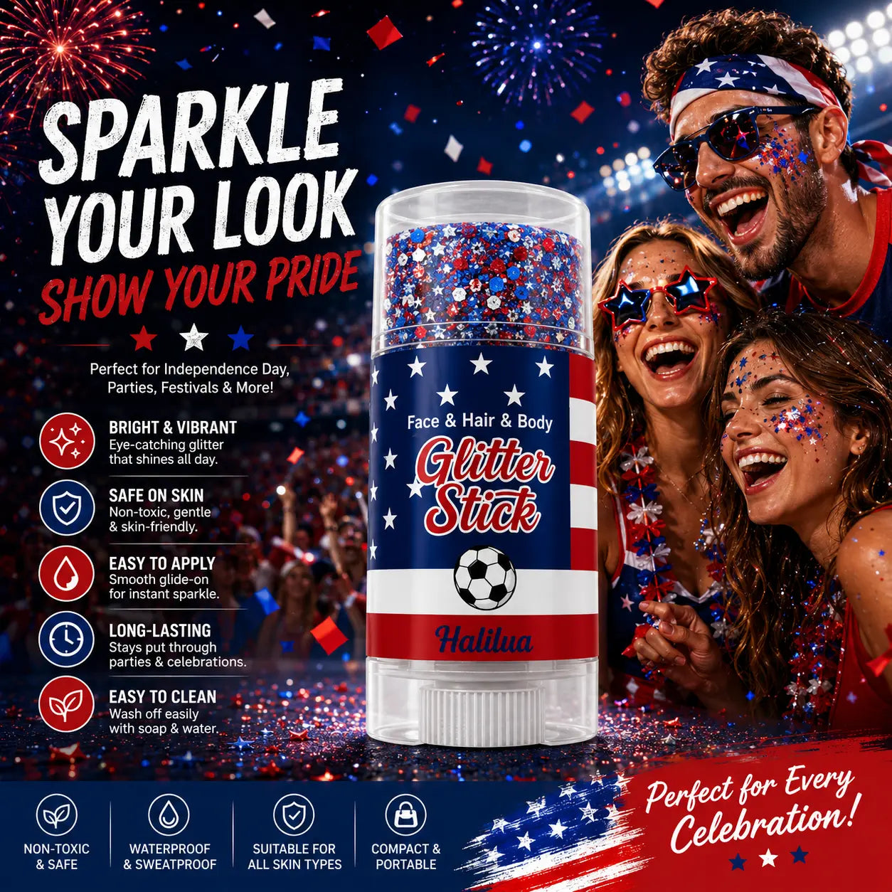 Patriotic Red, White & Blue Body Glitter Stick for 4th of July