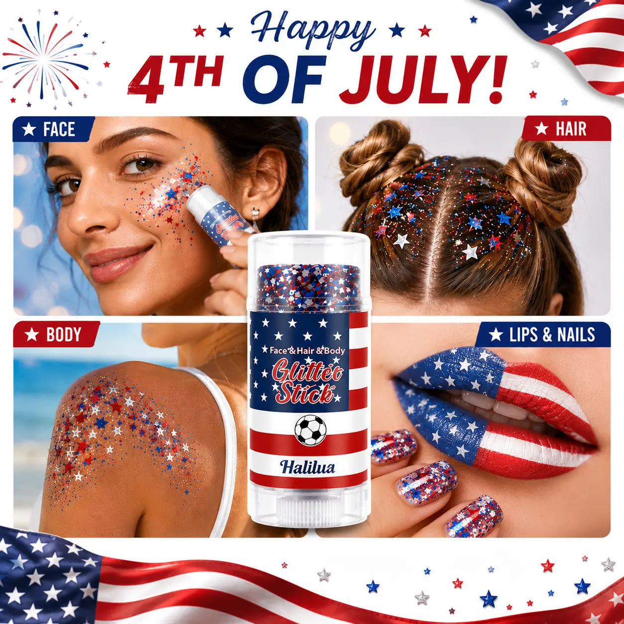 Patriotic Red, White & Blue Body Glitter Stick for 4th of July