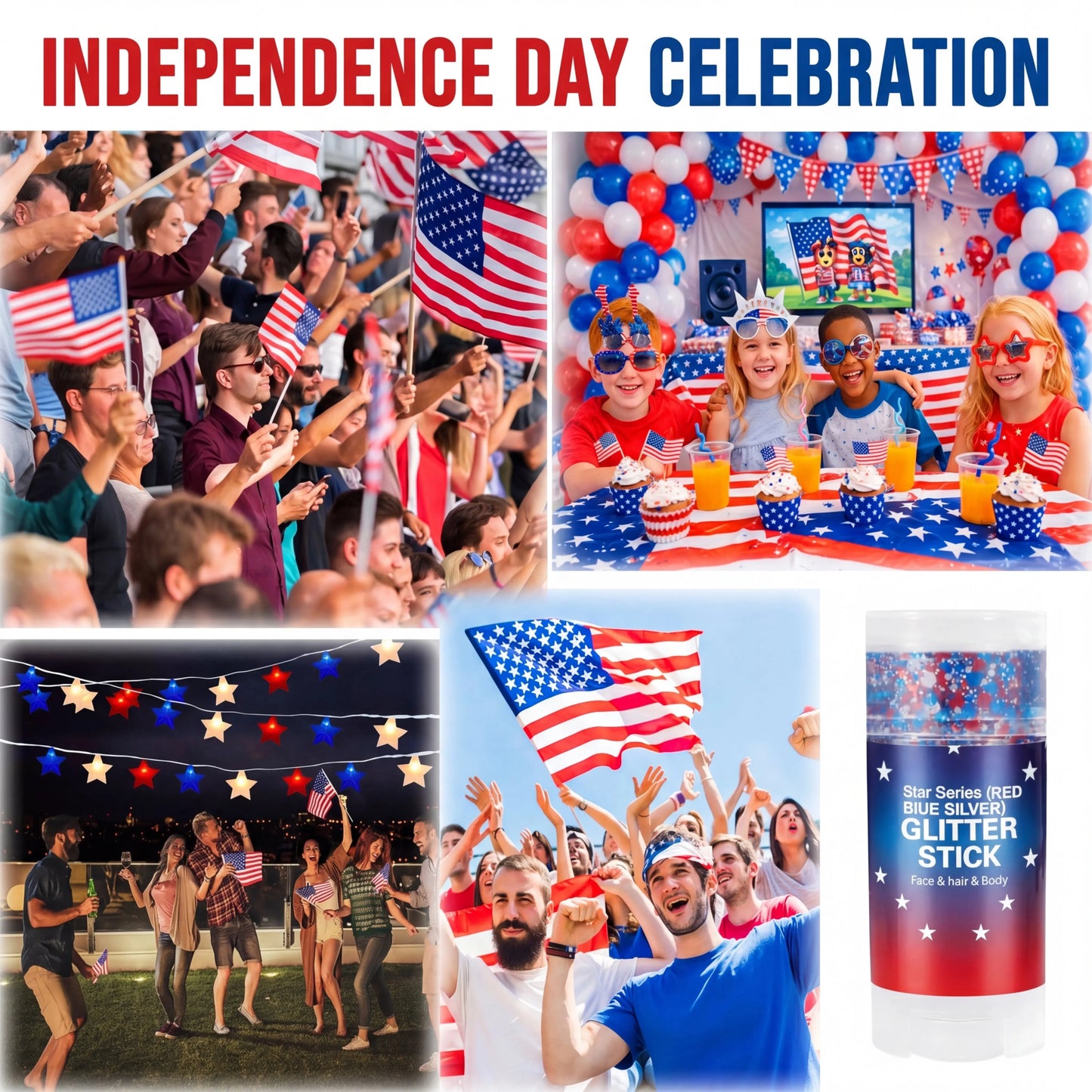 Patriotic Red, White & Blue Body Glitter Stick for 4th of July