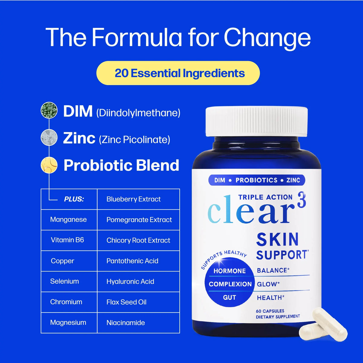 Clear Skin & Acne Support Capsules with Probiotics, DIM & Zinc