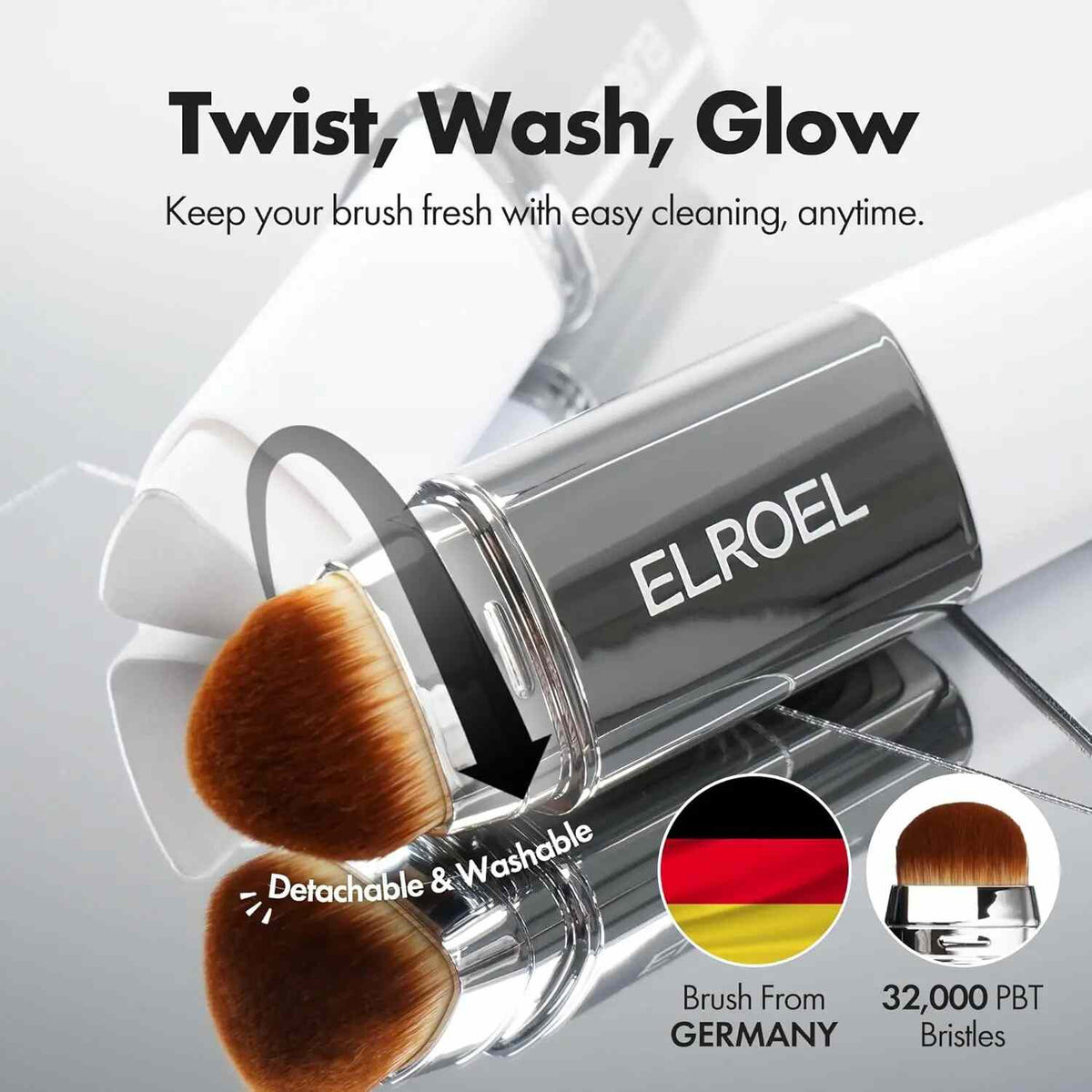 Self-Adjusting Foundation Stick with Built-in Brush