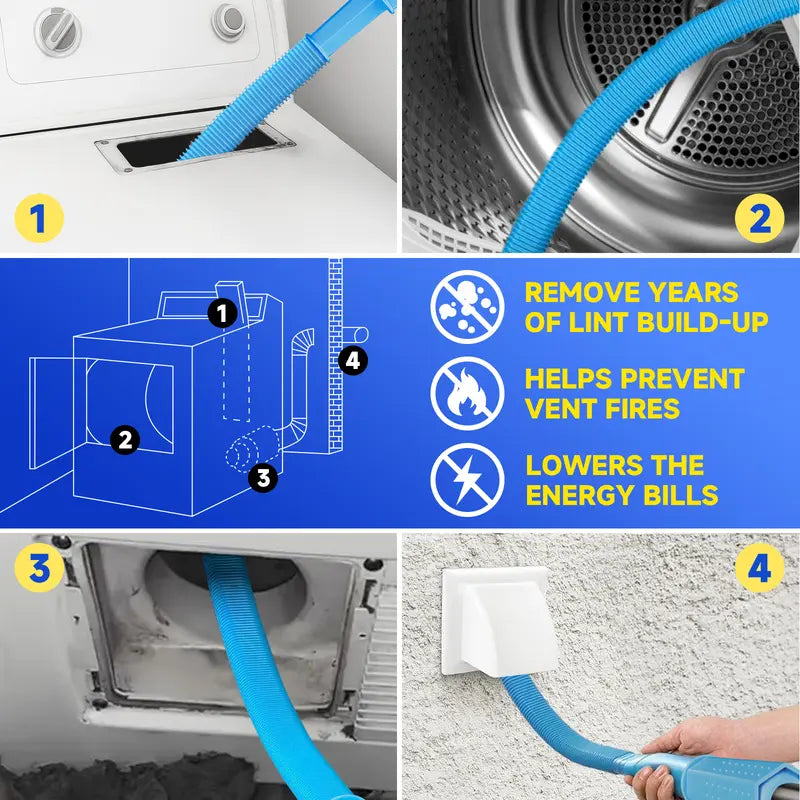 Universal Dryer Vent Cleaner Kit - 2-Piece Vacuum Hose Attachment & Flexible Lint Brush