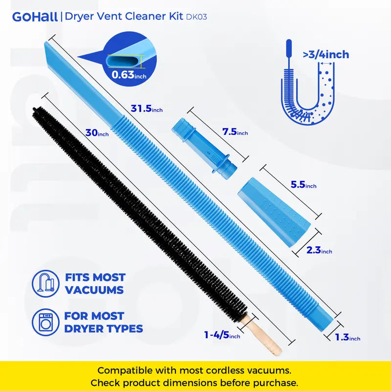 Universal Dryer Vent Cleaner Kit - 2-Piece Vacuum Hose Attachment & Flexible Lint Brush
