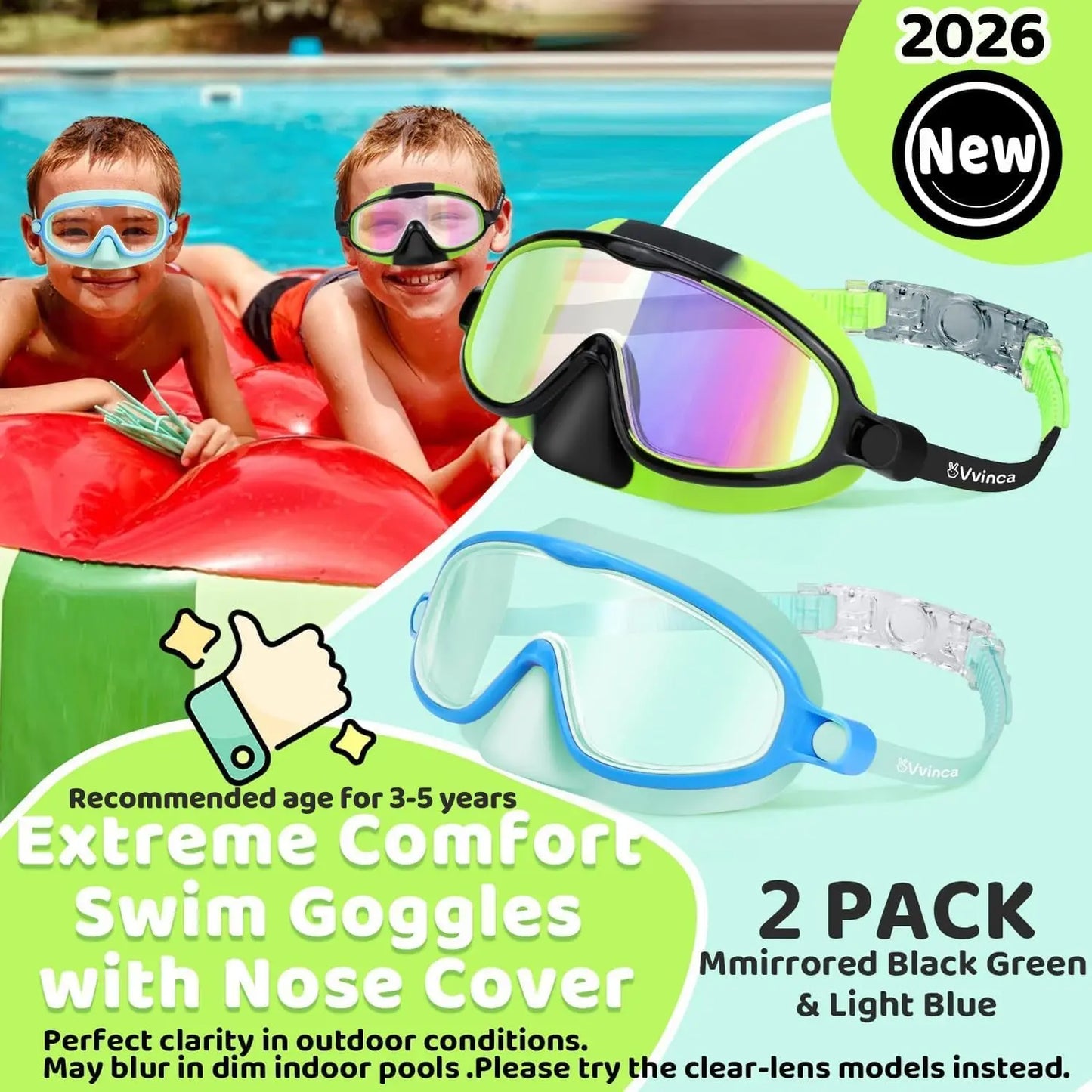 Kids Anti-Fog Swim Goggles with Soft Leakproof Nose Cover