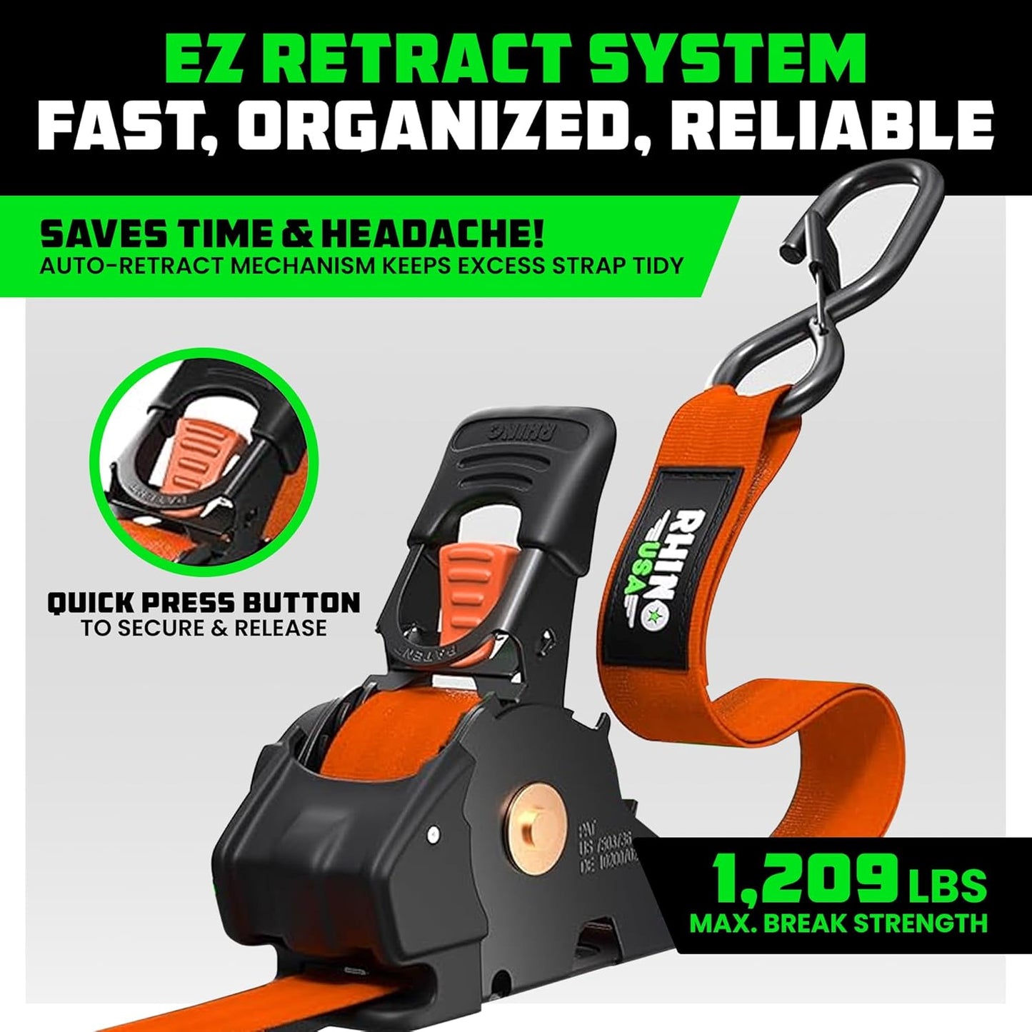 1" x 10' Retractable Ratchet Straps- Medium Duty Self Retracting Tie Down Straps for Truck, Cargo Trailer