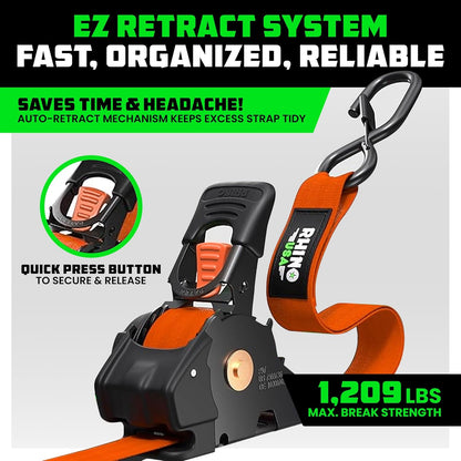 1" x 10' Retractable Ratchet Straps- Medium Duty Self Retracting Tie Down Straps for Truck, Cargo Trailer