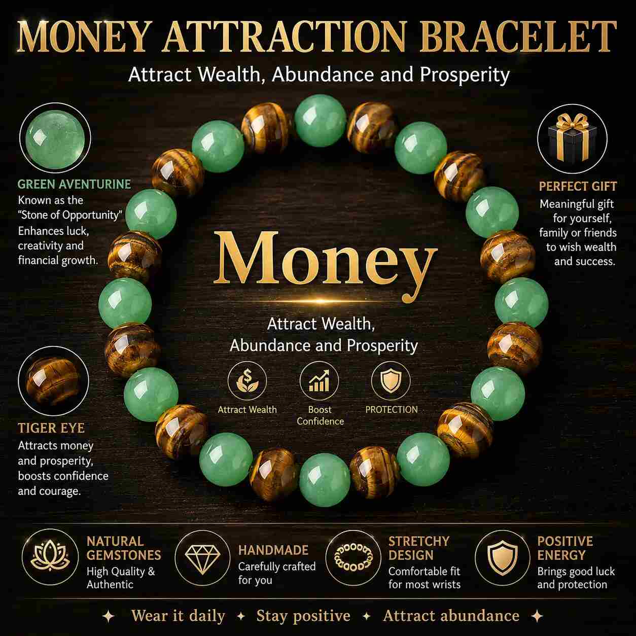 Natural Green Aventurine & Tiger Eye Wealth & Protection Bracelet