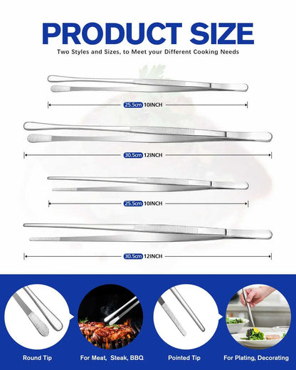 4-Pack Stainless Steel Precision Tweezers Set (12" & 10")