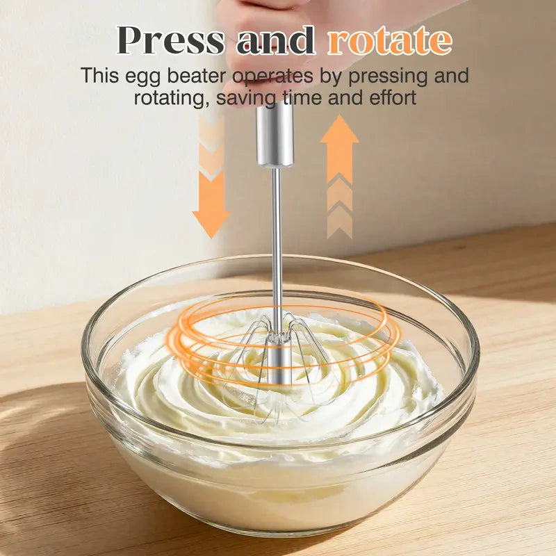 Stainless Steel Hand-Push Rotary Whisk - Food-Grade Rust-Resistant Kitchen Utensil