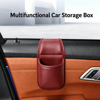 Leather car door storage pocket - double-layer compartments