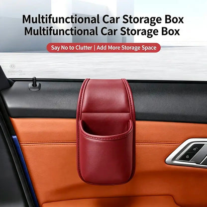 Leather car door storage pocket - double-layer compartments