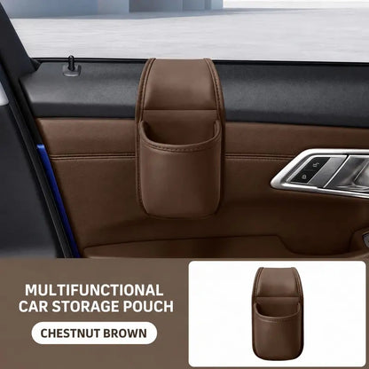 Leather car door storage pocket - double-layer compartments