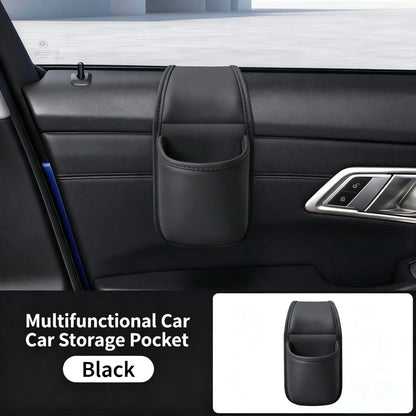 Leather car door storage pocket - double-layer compartments