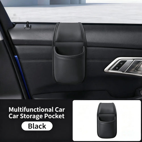 Leather car door storage pocket - double-layer compartments