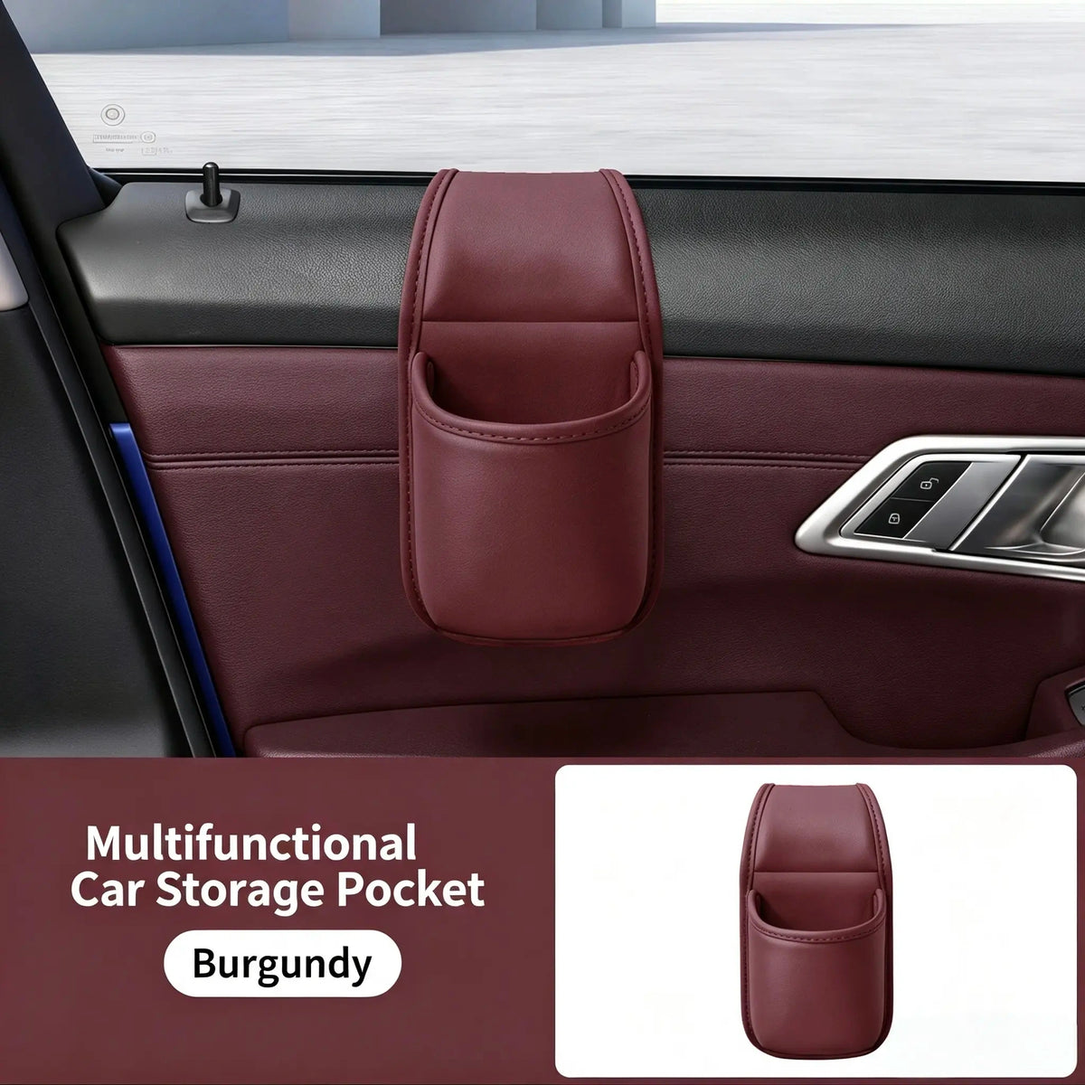 Leather car door storage pocket - double-layer compartments