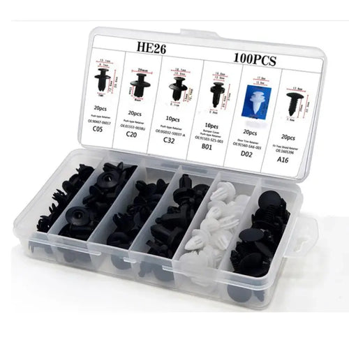 HE26 Universal Automotive Expansion Screw Clip Set with Nails - 100-Piece, 6 Types (C05,C20,C32,B01,D02,A16)