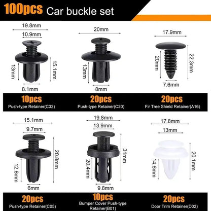 HE26 Universal Automotive Expansion Screw Clip Set with Nails - 100-Piece, 6 Types (C05,C20,C32,B01,D02,A16)