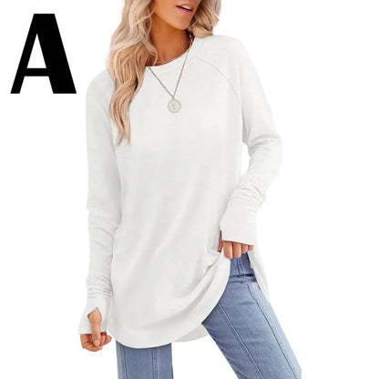 Long-Sleeve Tunic Top with Thumbhole Cuffs - white