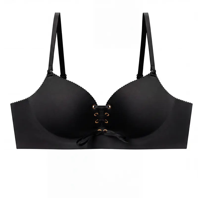 Wireless Drawstring Plunge Bra with Adjustable Front Lift - Black