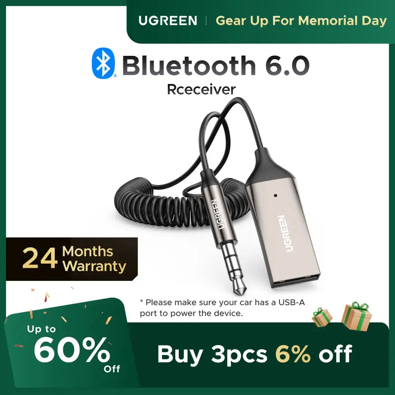 Aux to Bluetooth 6.0 Adapter Wireless Receiver for Car Hands-Free with Built-in Microphone AUX 3.5mm Stereo Audio - Dealsforyourdays Auxiliary Cord Gre