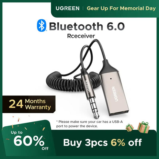 Aux to Bluetooth 6.0 Adapter Wireless Receiver for Car Hands-Free with Built-in Microphone AUX 3.5mm Stereo Audio - Dealsforyourdays Auxiliary Cord Gre