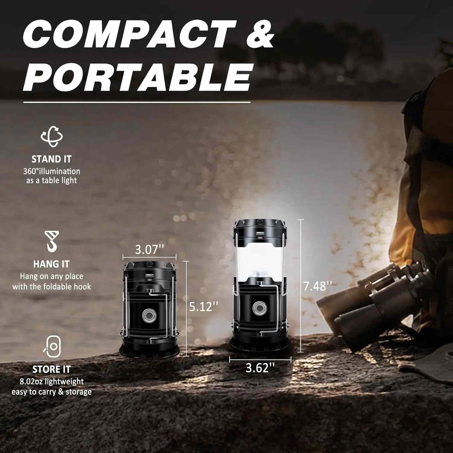 Solar Rechargeable LED Camping Lantern & Tactical Flashlight 2-Pack