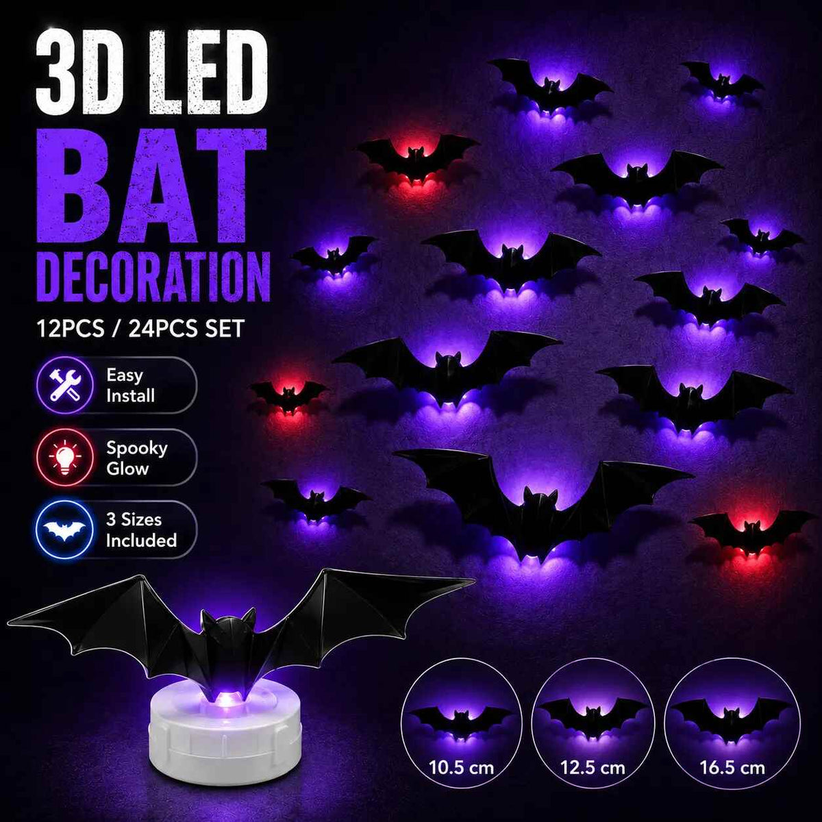 3D Glowing Bat Light LED Wall Stickers: Bendable Spooky Halloween Ornaments