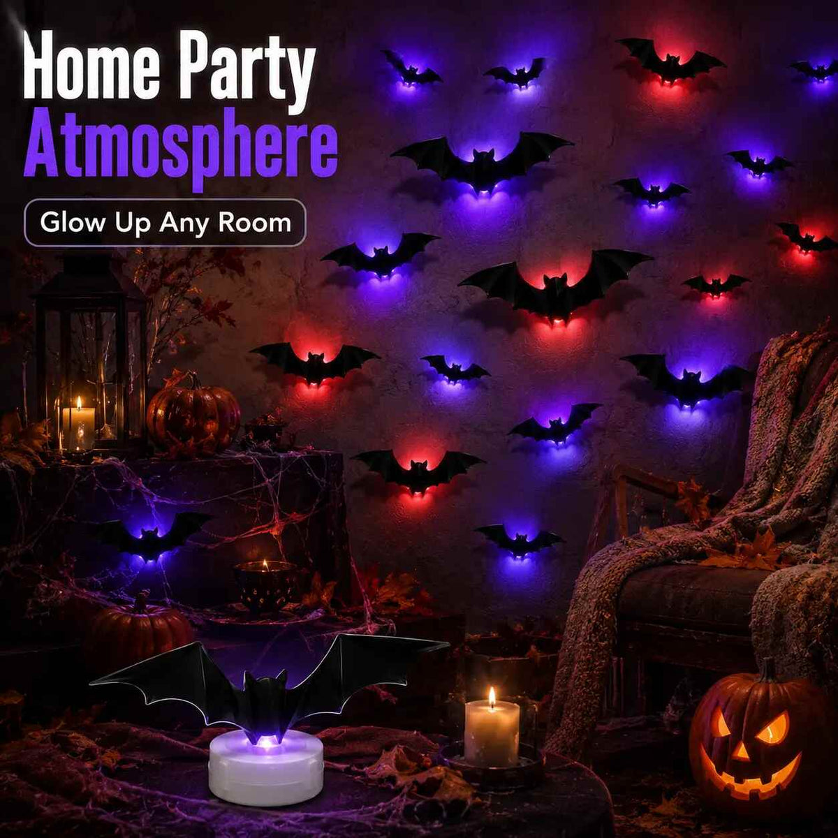 3D Glowing Bat Light LED Wall Stickers: Bendable Spooky Halloween Ornaments