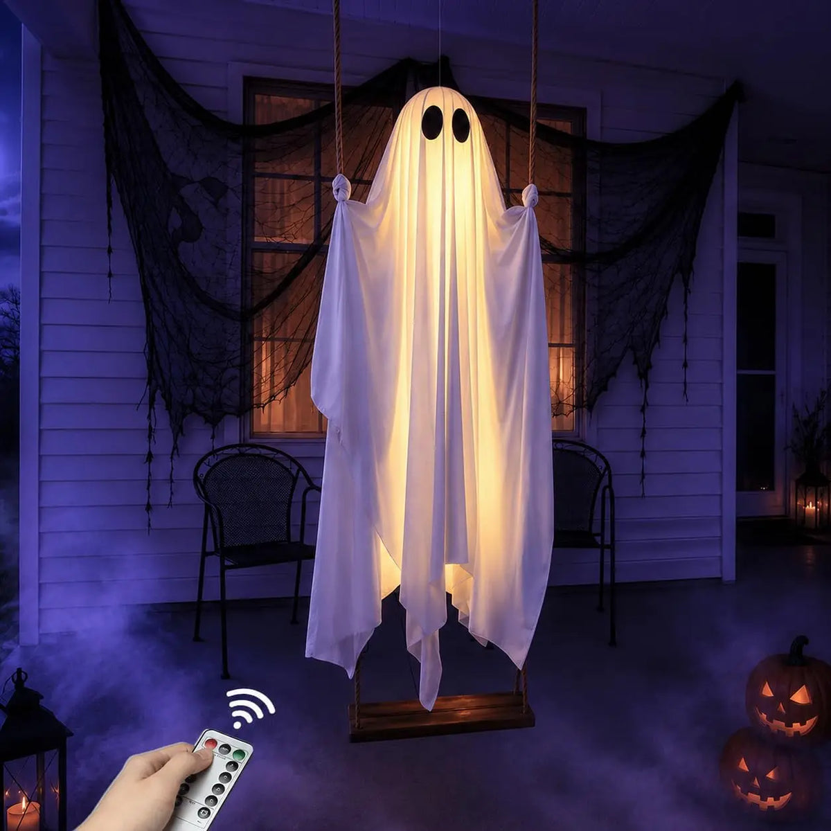 PhantomSwing 5FT Hanging Ghost – Remote-Control LED Halloween Decor
